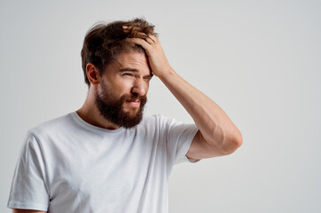 emotional man health problems migraine stress disorder light background