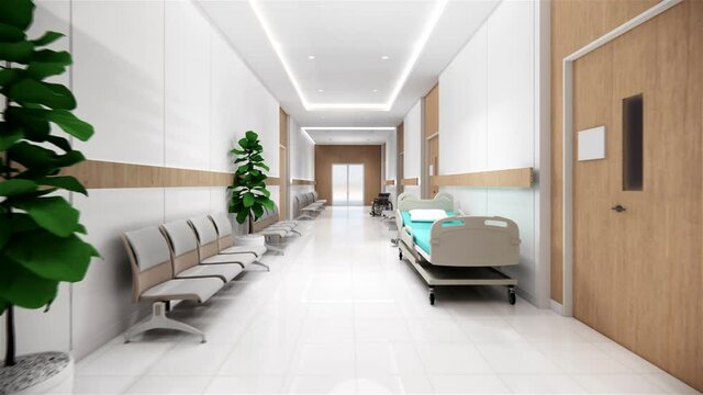 3d rendering .Interior hospital modern design . Counter and Waiting area  Empty Reception  corridior .Medical practice concept.