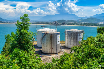 Aerial top view storage tank farm at Hai Van pass, Da Nang, VIetnam. Tank farm storage chemical...