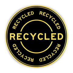 Black and gold color round label sticker with word recycled on white background