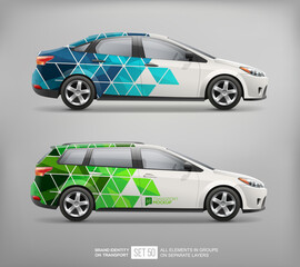Realistic vector car sedan or station wagon mockup template with abstract corporate identity branding design. Passenger car with abstract geometric business background. Side view station wagon sedan - obrazy, fototapety, plakaty