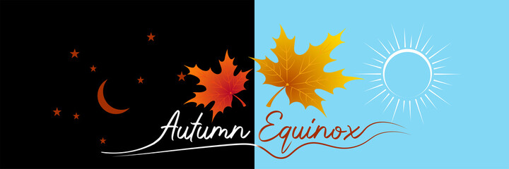 Autumn equinox vector illustration. September 22. Concept design with maple leaves in darker and lighter color. Crescent with stars and sun. - obrazy, fototapety, plakaty