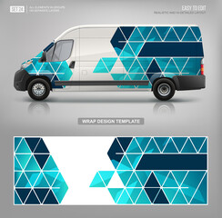 Realistic vector Van mockup with wrap decal for livery branding corporate identity design . Abstract geometric graphics of blue triangular mosaic. Abstract background for business flyer design © VRTX