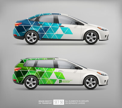 Realistic vector car sedan or station wagon mockup template with abstract corporate identity branding design. Passenger car with abstract geometric business background. Side view station wagon sedan