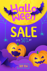 Halloween Sale Promotion banner with cutest pumpkins, bat and candy in night clouds. Paper cut, digital craft style. Halloween web Sale design, poster, party invitation or greeting card template