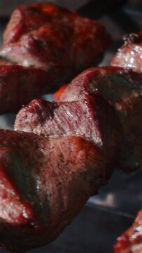 closeup of preparation roasted shashlik meat on skewer on barbecue grill