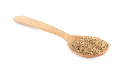 Wooden spoon with powdered coriander on white background