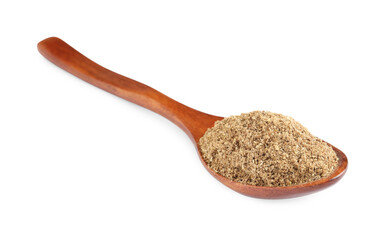 Wooden spoon with powdered coriander on white background