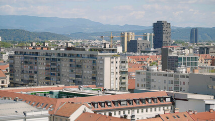 Long shot panorama view of Ljubljana architecture residential buildings
