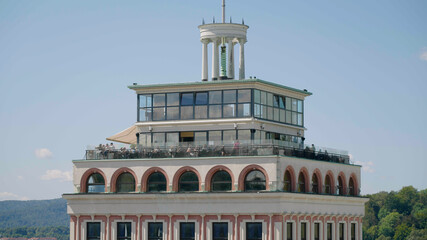 Long shot medium of rooftop famous skyscraper in Ljubljana