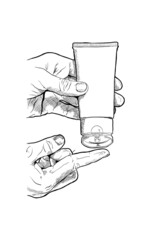 Hand Drawn Illustration and Vector Sketch of Hands squeeze sunscreen lotion. Bottle with sunscreen. Skin care concept. Protection against skin cancer. 