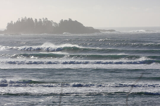surf and islands at Florencia Bay, Tofino, Vancouver Island, Canada