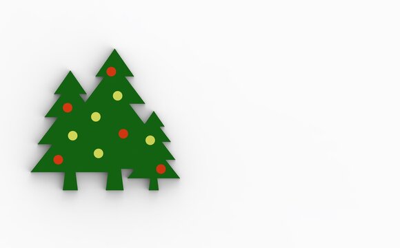 Three green Christmas trees with round toys on a white background. New Year and Christmas. 3d image. 3d rendering.