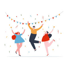 People are joyfully jumping around in confetti and holiday flags. Corporate party at the office. Flat vector illustration.