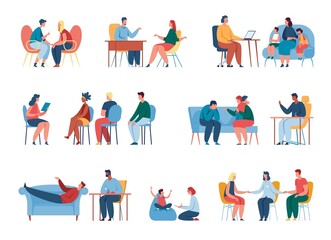 Fototapeta premium People at therapy session with psychologist, counseling psychology. Professional psychotherapist talking to patient, children therapy vector set. Appointment at doctor office providing medical help