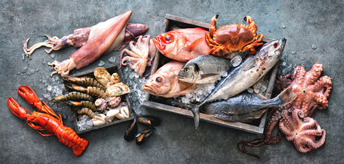 Assortment of fresh fish and seafood