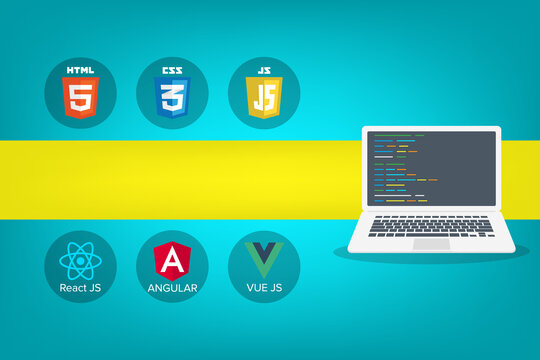 Vector collection of web development shield signs: html5, css3, javascript, react js, angular and vue js.