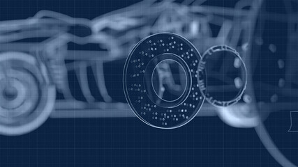 drawing of a car and its parts on a blue millimeter substrate