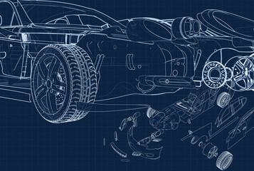 drawing of a car and its parts on a blue millimeter substrate