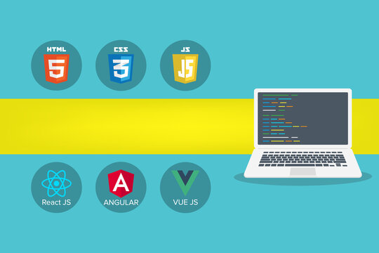 collection of web development shield signs: html5, css3, javascript, react js, angular, vue js 
