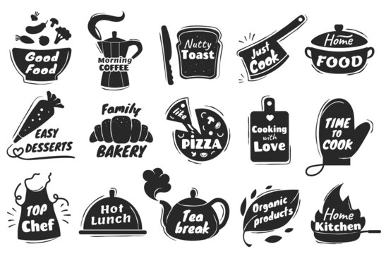 Cooking lettering logo, kitchen utensil emblem, home baking badge. Cookery and bakery quotes, restaurant or cafe menu logos vector set. Family bakery and desserts, shop with organic products