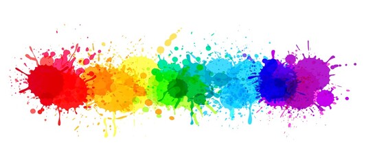 Paint splatter banner, rainbow watercolor paint stains. Colorful splattered spray paints, abstract color ink explosion vector background. Beautiful bright spot design, festive splashes - obrazy, fototapety, plakaty