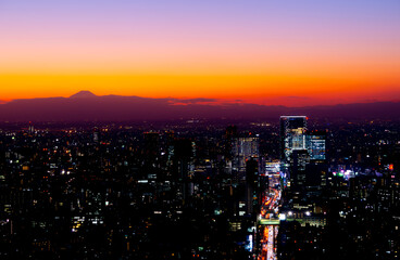 東京　夕暮れ富士山と渋谷