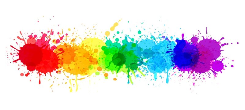 Paint splatter banner, rainbow watercolor paint stains. Colorful splattered spray paints, abstract color ink explosion vector background. Beautiful bright spot design, festive splashes