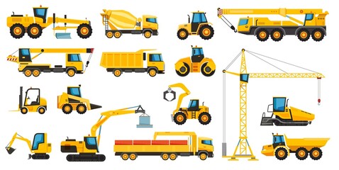 Construction heavy machinery, building equipment and vehicles. Forklift, crane, tractor, bulldozer, excavator vector set. Special large powerful machines for road repair. Engineering concept © Frogella.stock