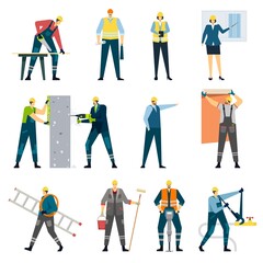 Building construction worker, contractor, engineer, architect, builder. Professional maintenance, home renovation and repair workers Vector set. Wallpapering and painting walls with roller