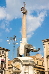 The Fontana dell'Elefante (elephant's fountain) symbol of Catania, Italy, assembled in 1736 - obrazy, fototapety, plakaty