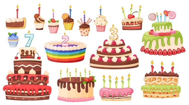 Cartoon cakes and cupcakes with candles, delicious sweet desserts. Birthday celebration chocolate cake, cupcake and pastry vector set. Holiday party confectionery decorated with glaze and fruit