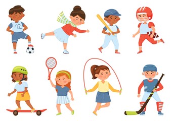 Cartoon happy school children playing sports and exercising. Sport activities for kids baseball, skipping rope, tennis, skateboarding, vector set. Active female and male characters