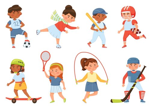Cartoon happy school children playing sports and exercising. Sport activities for kids baseball, skipping rope, tennis, skateboarding, vector set. Active female and male characters