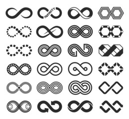 Infinity icon, infinite symbol sign, eternal loop logo. Black unlimited arrow strokes, endless rings, mobius shape symbols vector set. Curvy futuristic identity logotype, modern emblems