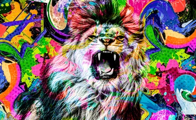 Foto op Plexiglas colorful artistic roaring lioness muzzle with bright paint splatters on dark background © reznik_val