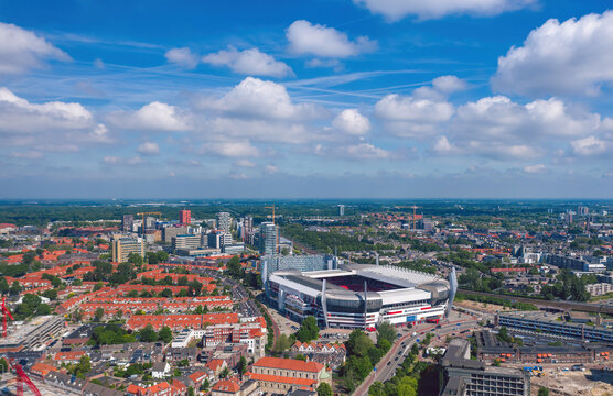 Philips stadium and city panorama. Eindhoven, Netherlands - June 2021