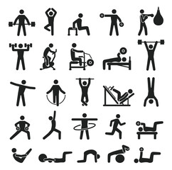 Sport training workout icon, fitness exercising pictograms. People lifting dumbbells, doing yoga, boxing. Sports recreation activity vector set. Bodybuilding and practicing pilates © Frogella.stock
