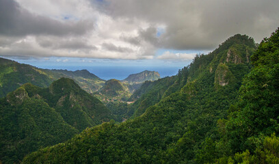 Madeira island view. Mountains and ocean. 