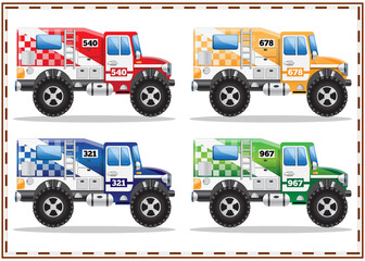 A set of sports trucks. Side view. Isolated on white background. Vector illustration.
