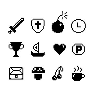 8-bit game icons, mono vector symbols, Isolated vector illustration.