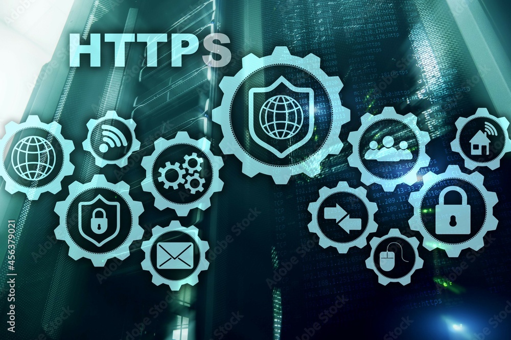 Poster https. hypertext transport protocol secure. technology concept on server room background. virtual ic