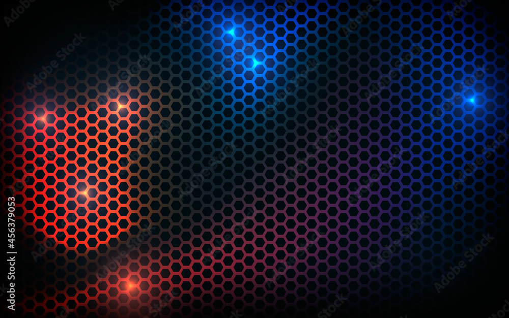 Wall mural black hexagon texture background with blue and orange light effect