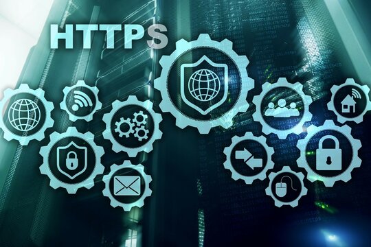 HTTPS. Hypertext Transport Protocol Secure. Technology Concept on Server Room Background. Virtual Icon for network security web service