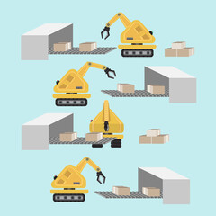 Robot arm claw manufacture technology and Conveyor factory packing For production. Business concept of industry.Yellow grip robotic claw on blue background. vector illustration