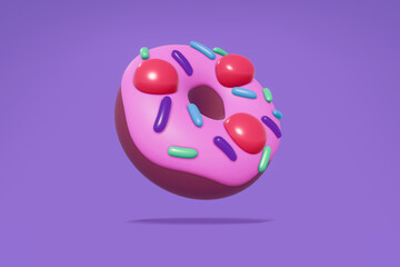 3D Illustration - Colorful Donut with Pink Cream and Sweet Cherries