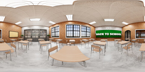 New normal classroom and spacing of tables and chairs to prevent the spread of coronavirus (COVID-19). IEmpty classroom for teach and learn. 3d rendering Interior.