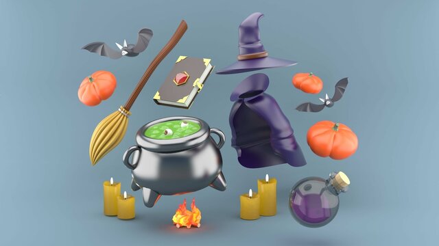 The witch's suit is surrounded by magic books, brooms, magic cauldrons, magic potions, bats, pumpkins and candles on a gray background.Characters for Halloween.-3d rendering.