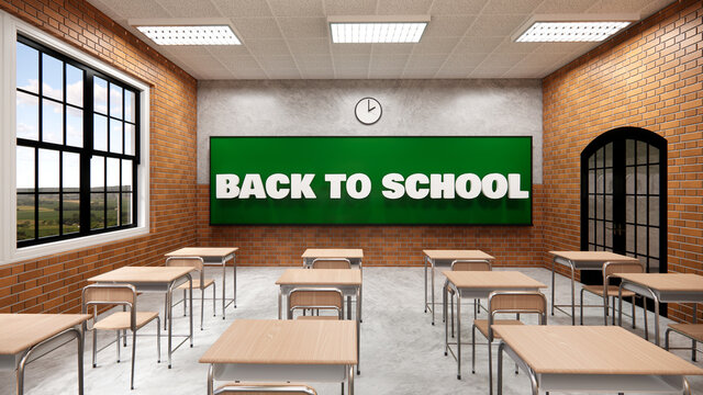 New normal classroom and spacing of tables and chairs to prevent the spread of coronavirus (COVID-19). IEmpty classroom for teach and learn. 3d rendering Interior.