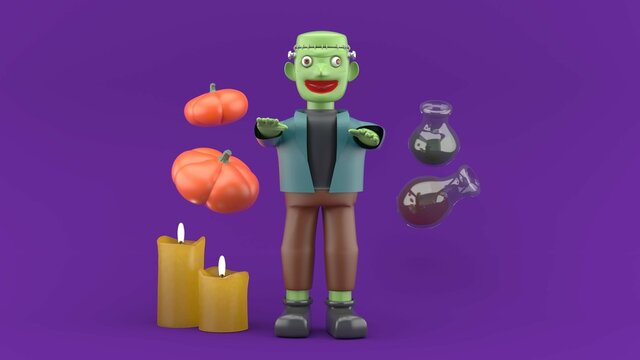 artificial man surrounded by test tubes, pumpkins and candles on a purple background.Characters for Halloween.-3d rendering.